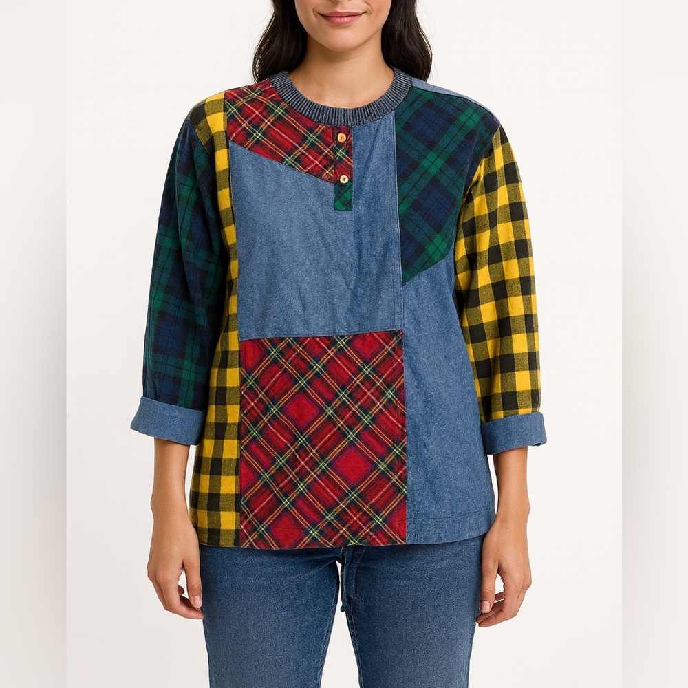 Vintage Marsha Sport Patchwork Denim Plaid Mixed Fabric Pullover Top Size M